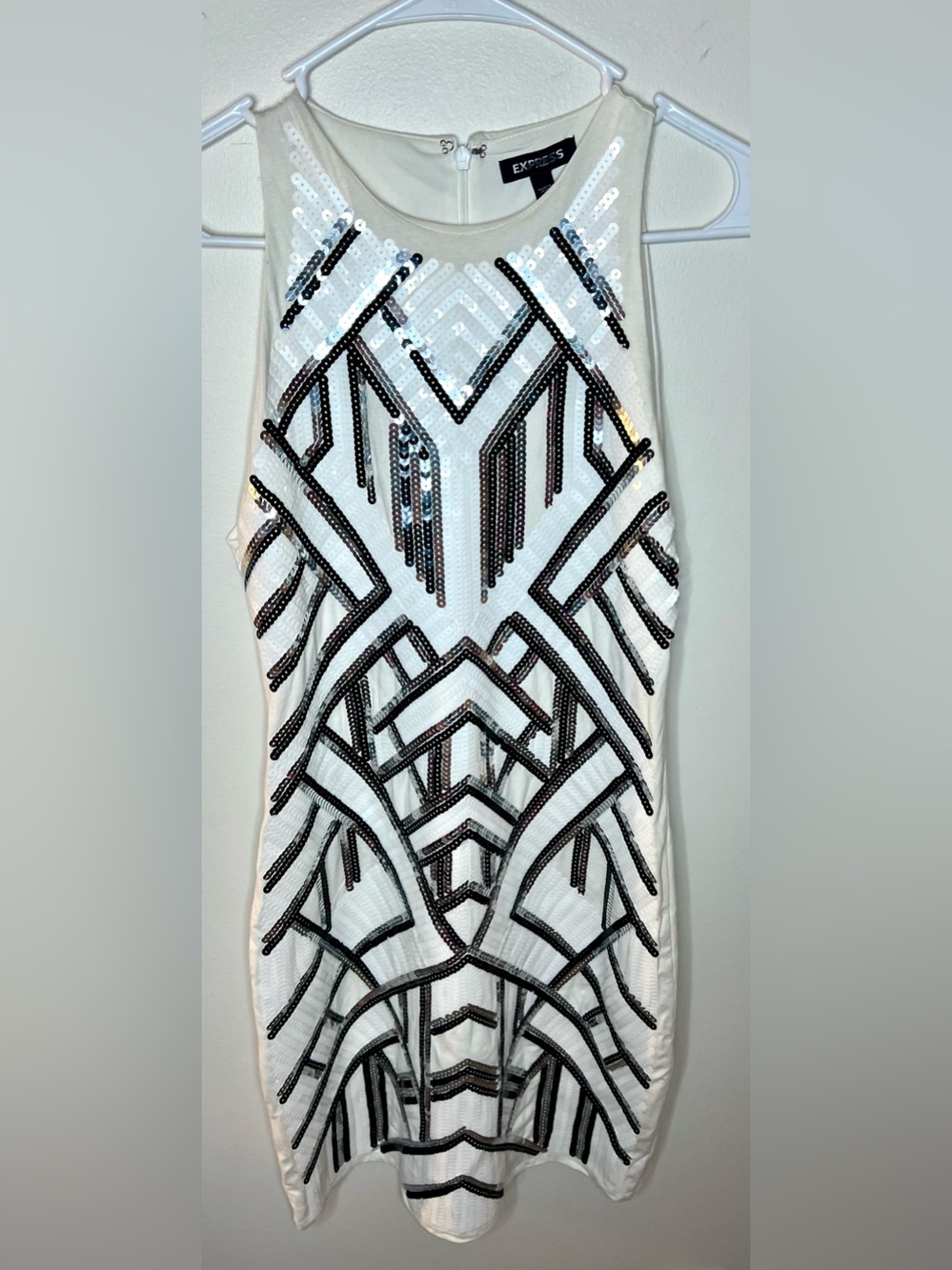 Express White Mini Dress with Black and Silver Sequin Geometric Pattern